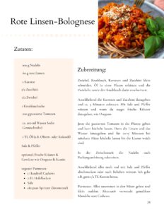 Seite aus eBook mit Rezept für vegane rote Linsen Bolognese